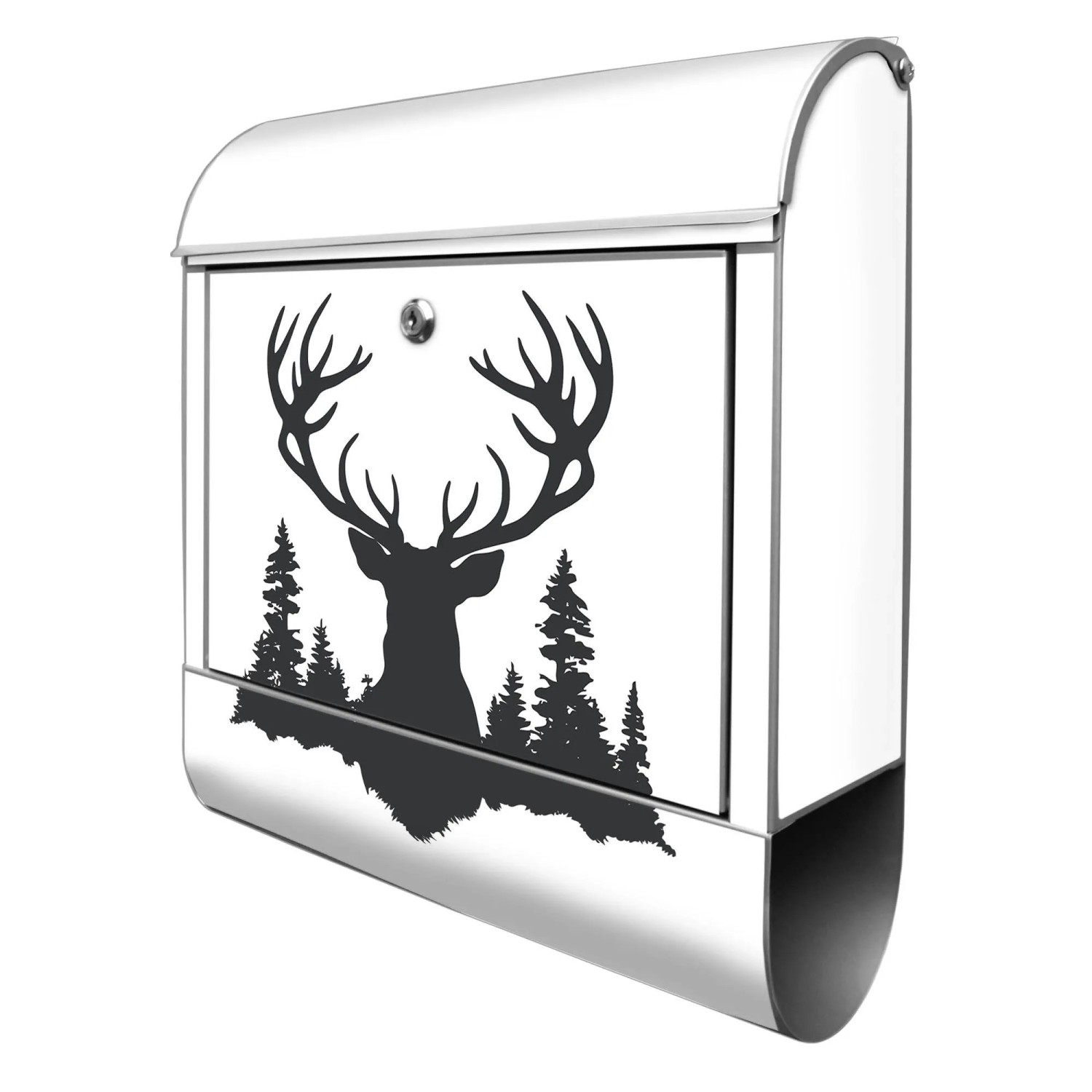 Banjado Design Briefkasten Silber Pulverbeschichtet 39x47x14cm 2 Schlüssel Mit Zeitungsfach Motiv Hirsch im Wald Silhoue...