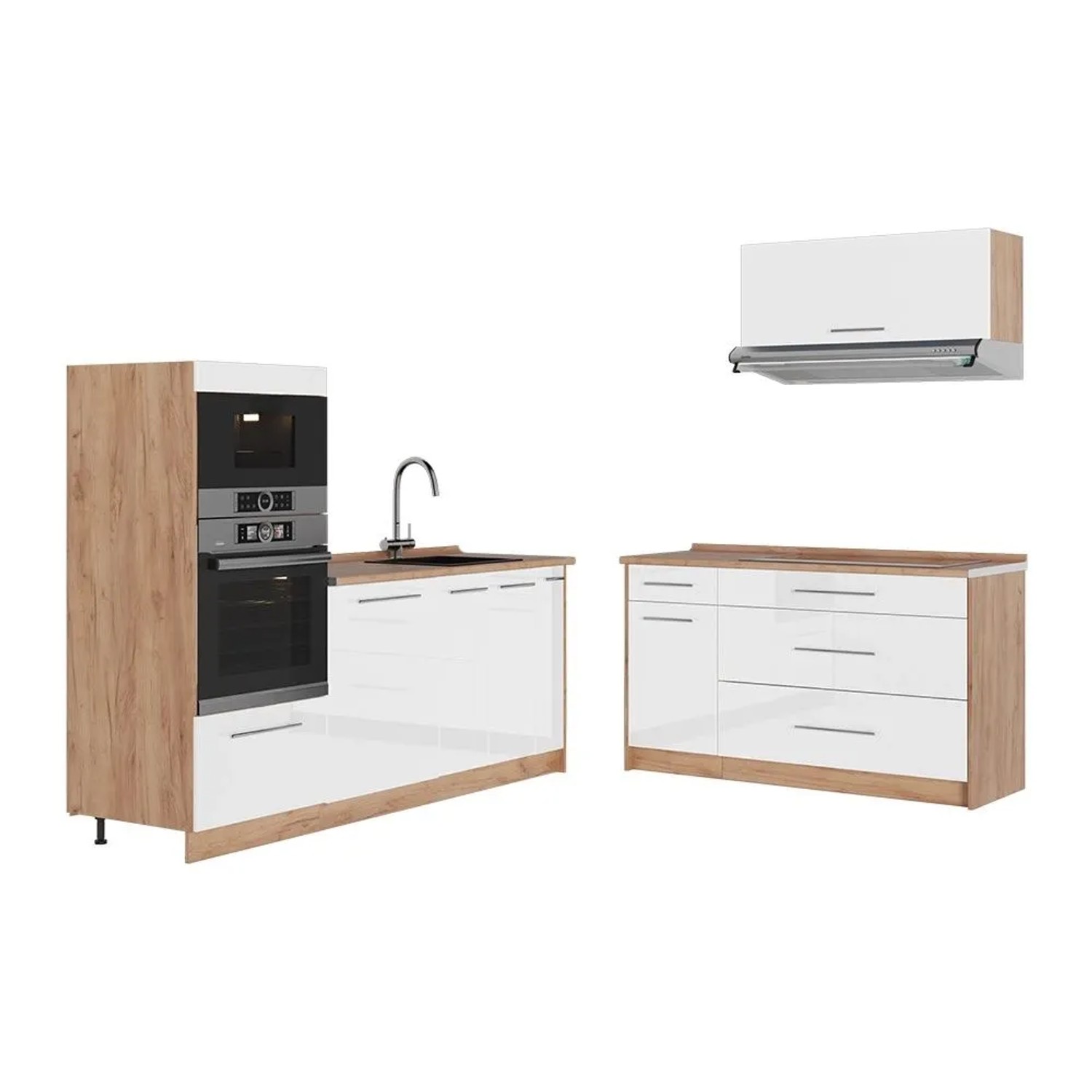 Vicco Küchenzeile Fame-Line Weiß Hochglanz/Goldkraft Eiche 340 x 154 ohne Arbeitsplatte Art Nr 63912