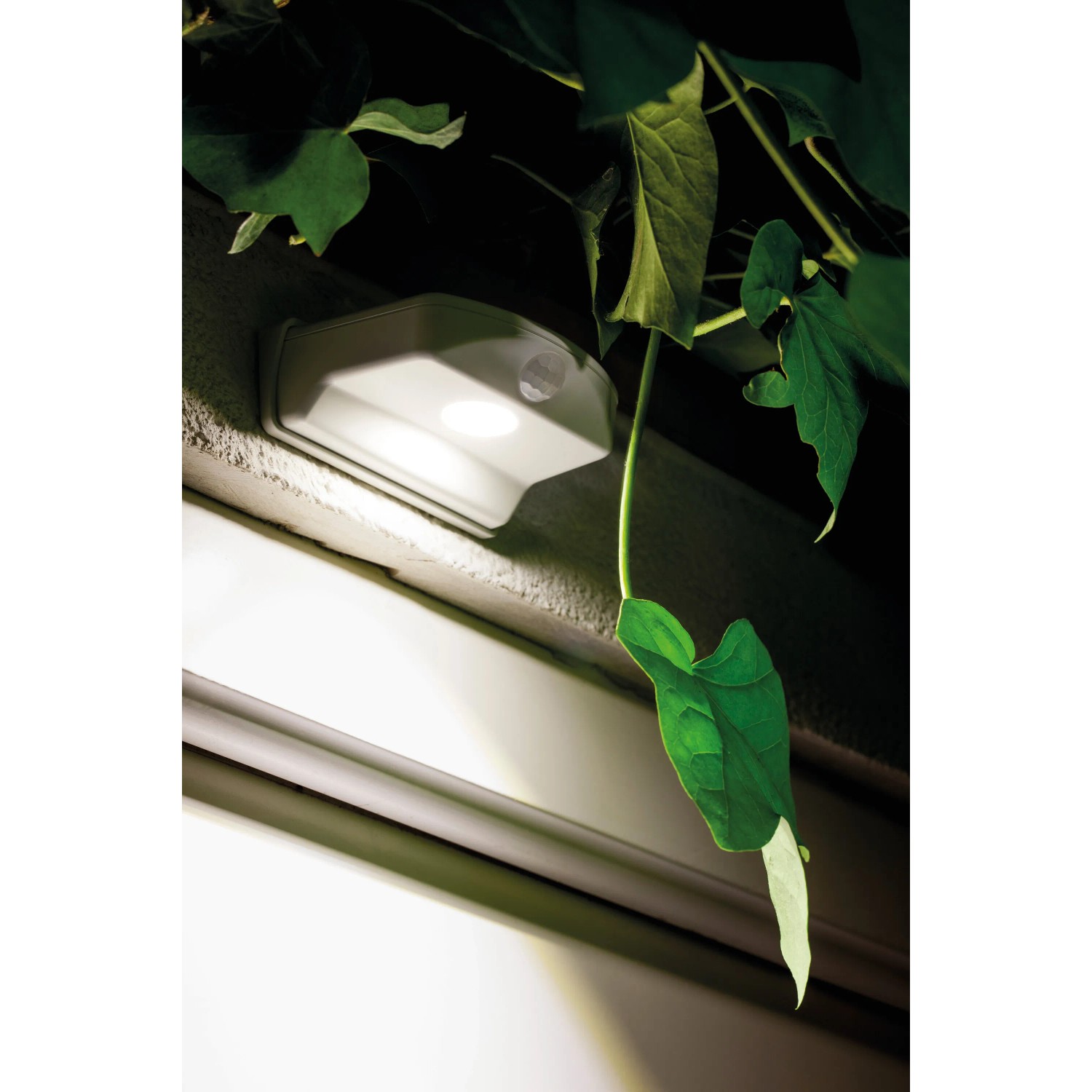 Weiße Ledvance LED Außenwandleuchte mit Bewegungsmelder an einer Wand.