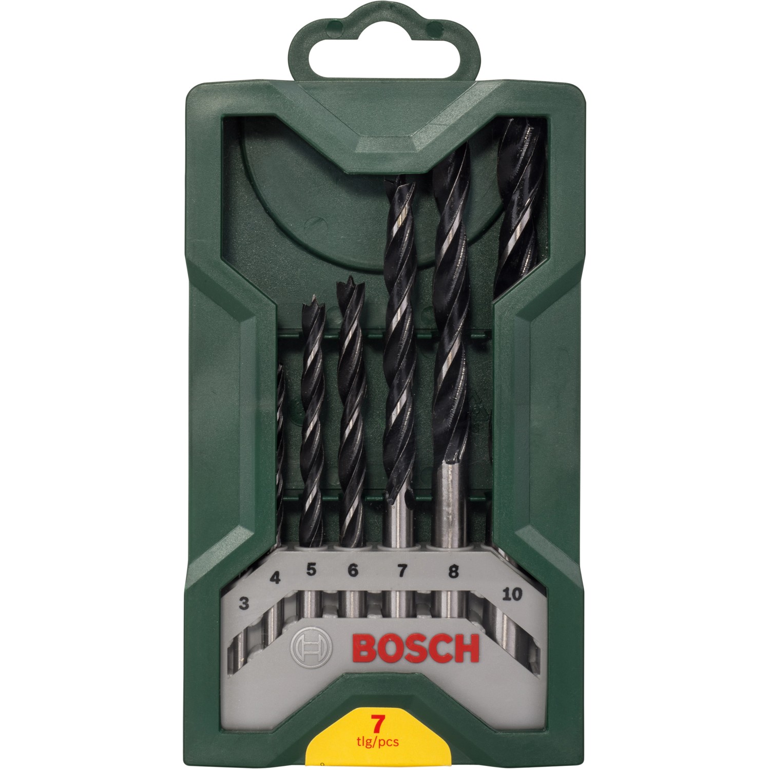 Bosch Holzbohrer Set, 7-teilig, in grüner Mini-X-Line Box mit Größenangabe.