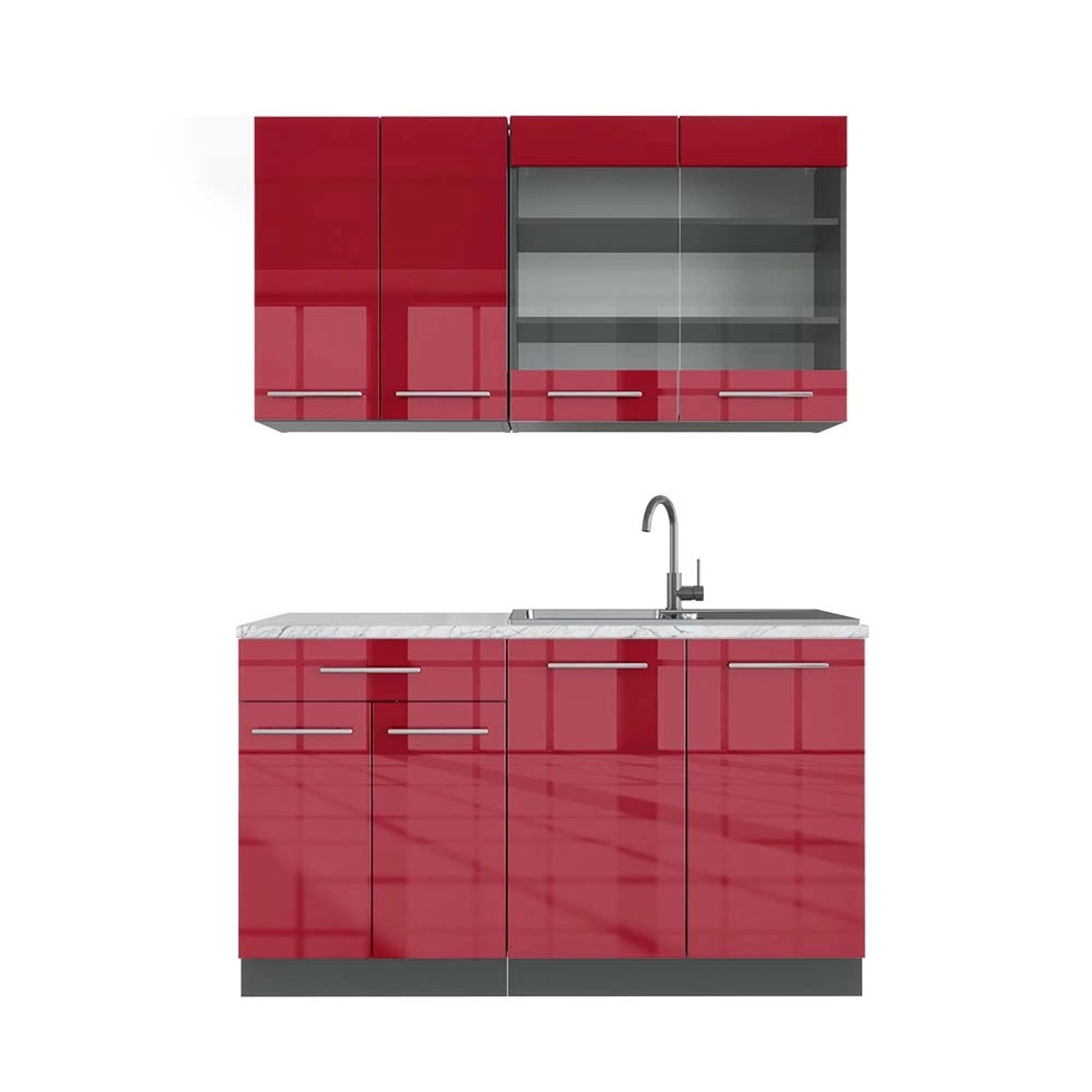 Vicco Fame-Line Singleküche Bordeaux Hochglanz/Anthrazit 140 cm AP Marmor günstig online kaufen