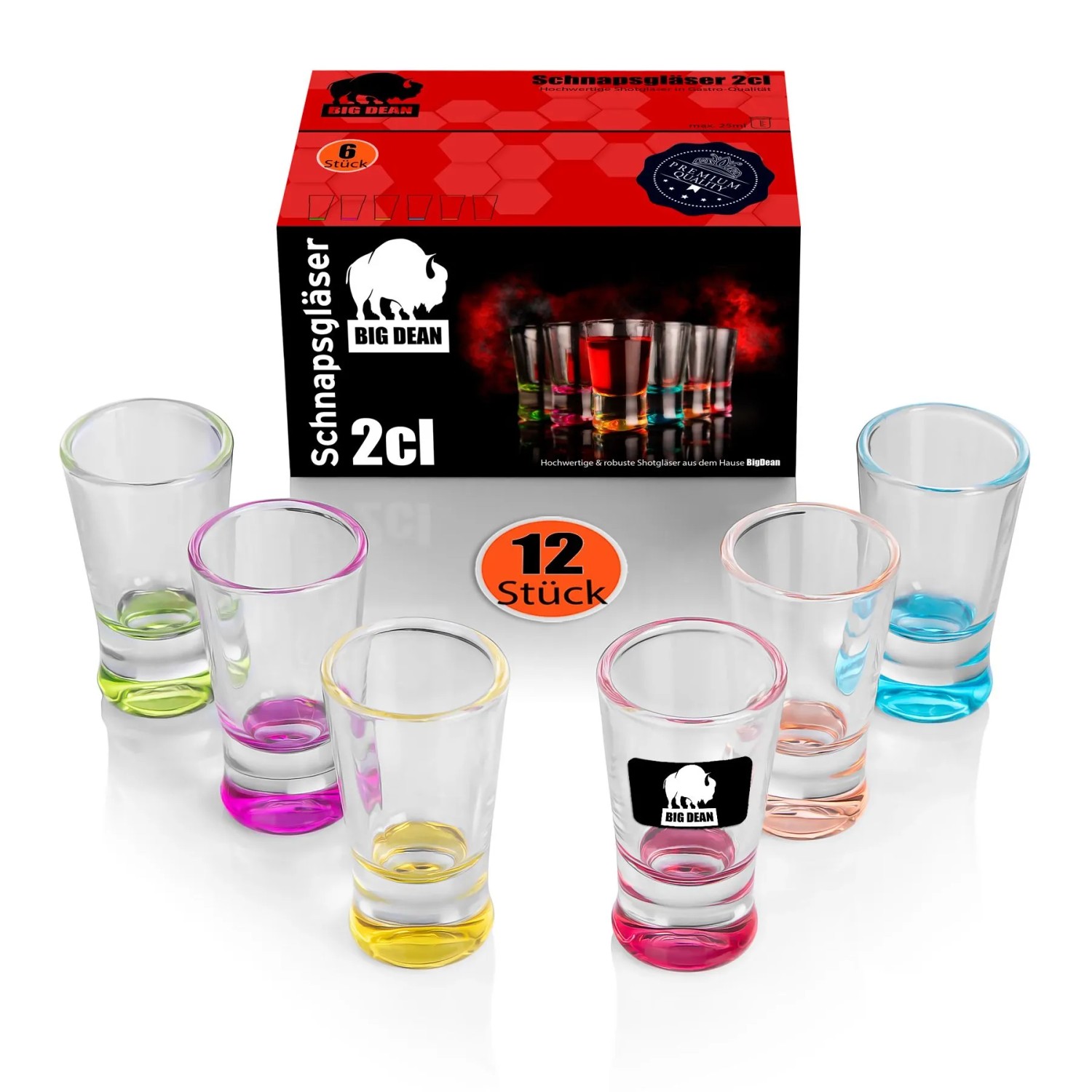 BigDean 12 Stück Farbige Schnapsgläser 2cl in Geschenkbox Robuste Shotgläser Spülmaschinenfest in Gastro Qualität