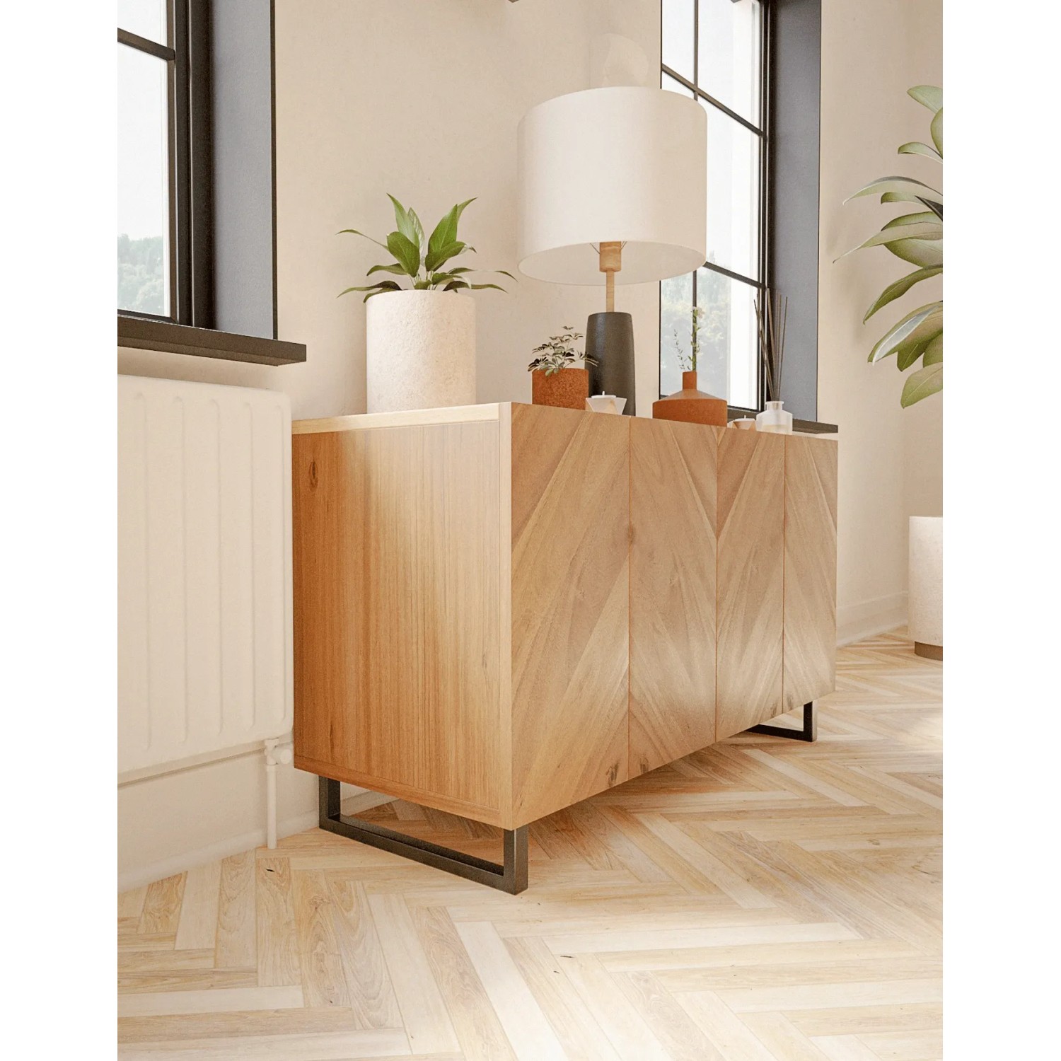 HEVVA Möbelfüße GRAZ, 2er Set, 10 cm hoch, 40 cm tief, schwarz, unter Sideboard im Wohnraum.