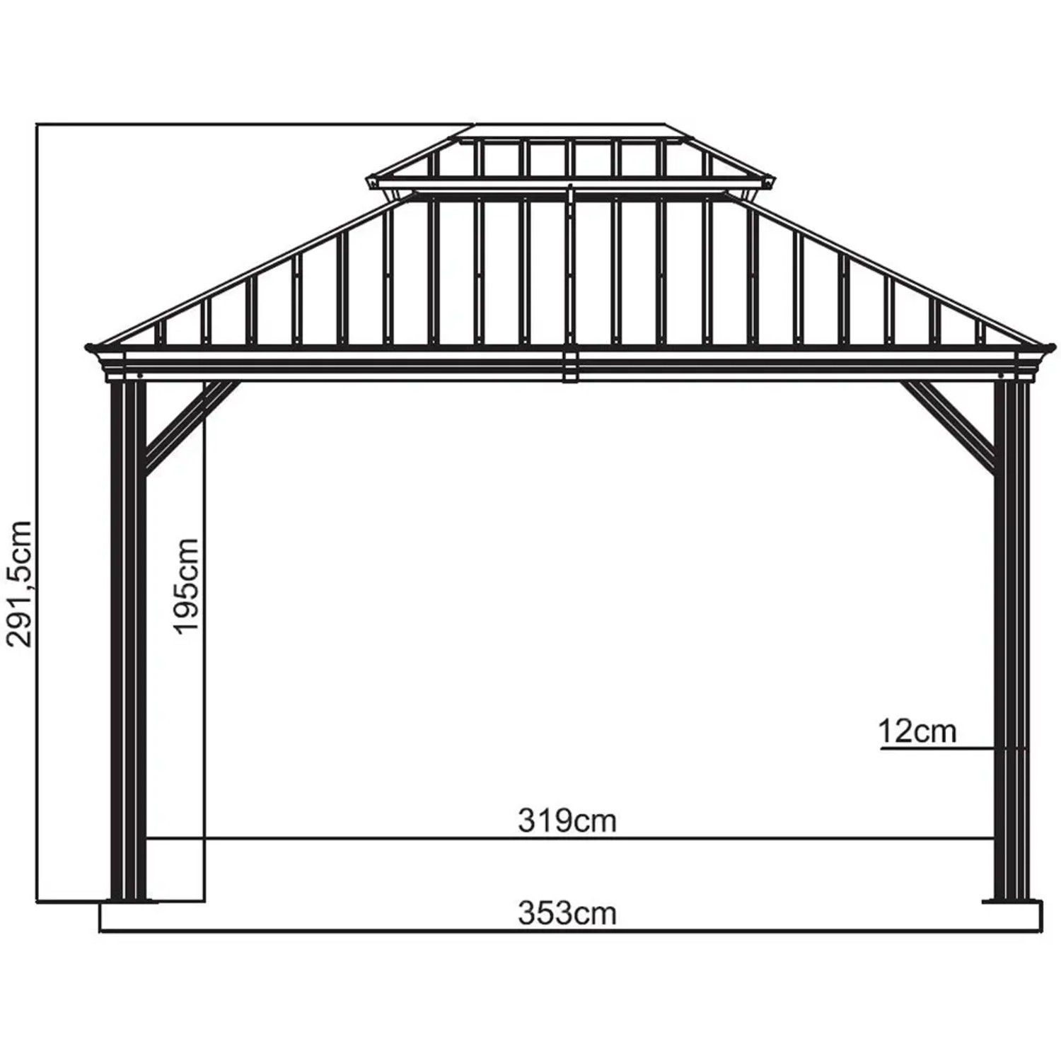 Technische Zeichnung des anthrazitfarbenen Sojag Aluminium Pavillon Messina 10x12 mit Maßangaben.