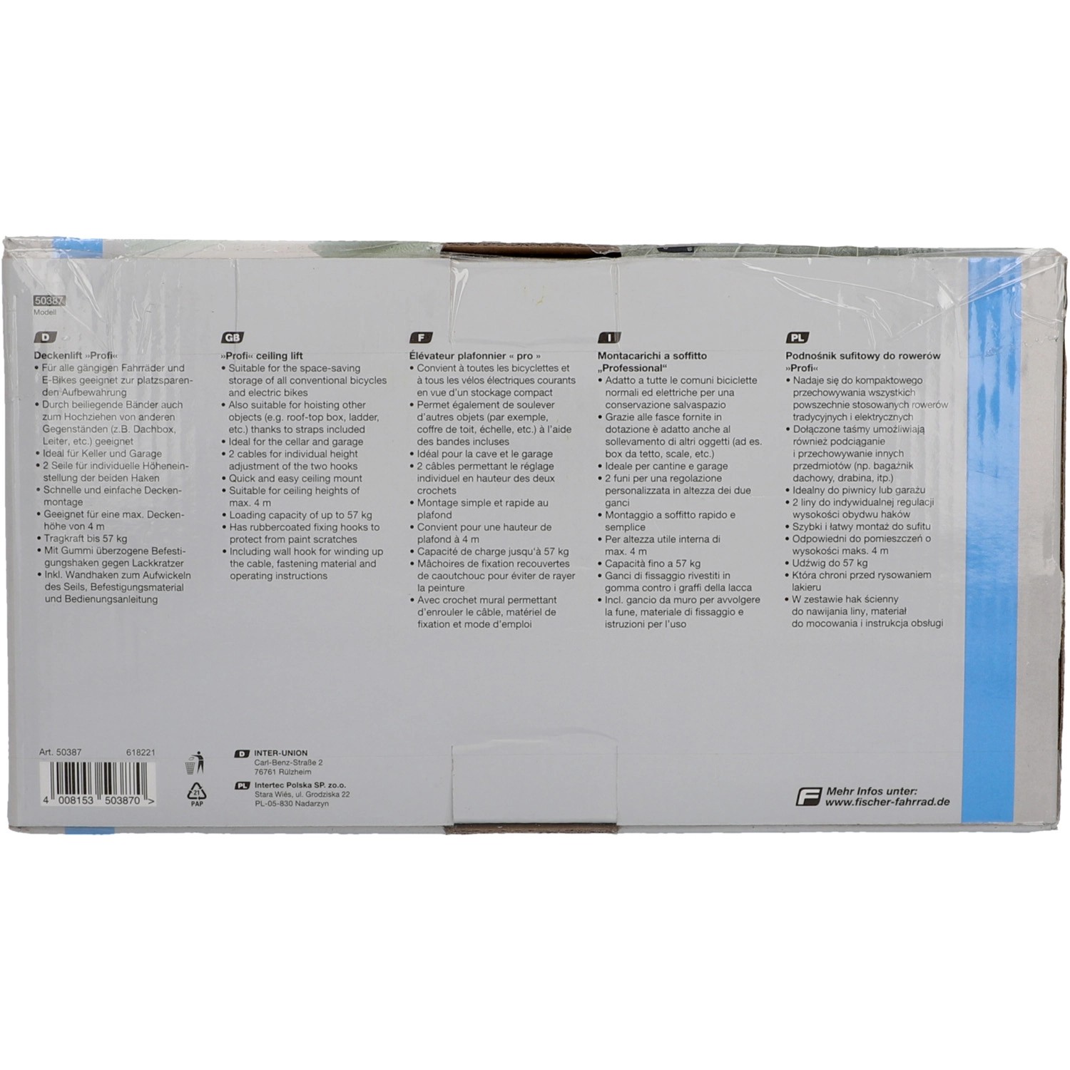 Fischer Fahrradlift ProfiPlus, Tragkraft 57kg, zur Deckenmontage in Garage oder Keller.