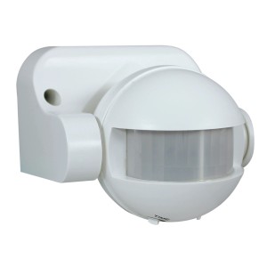 Weißer 180° Bewegungsmelder für den Außenbereich zur automatischen Lichtsteuerung.