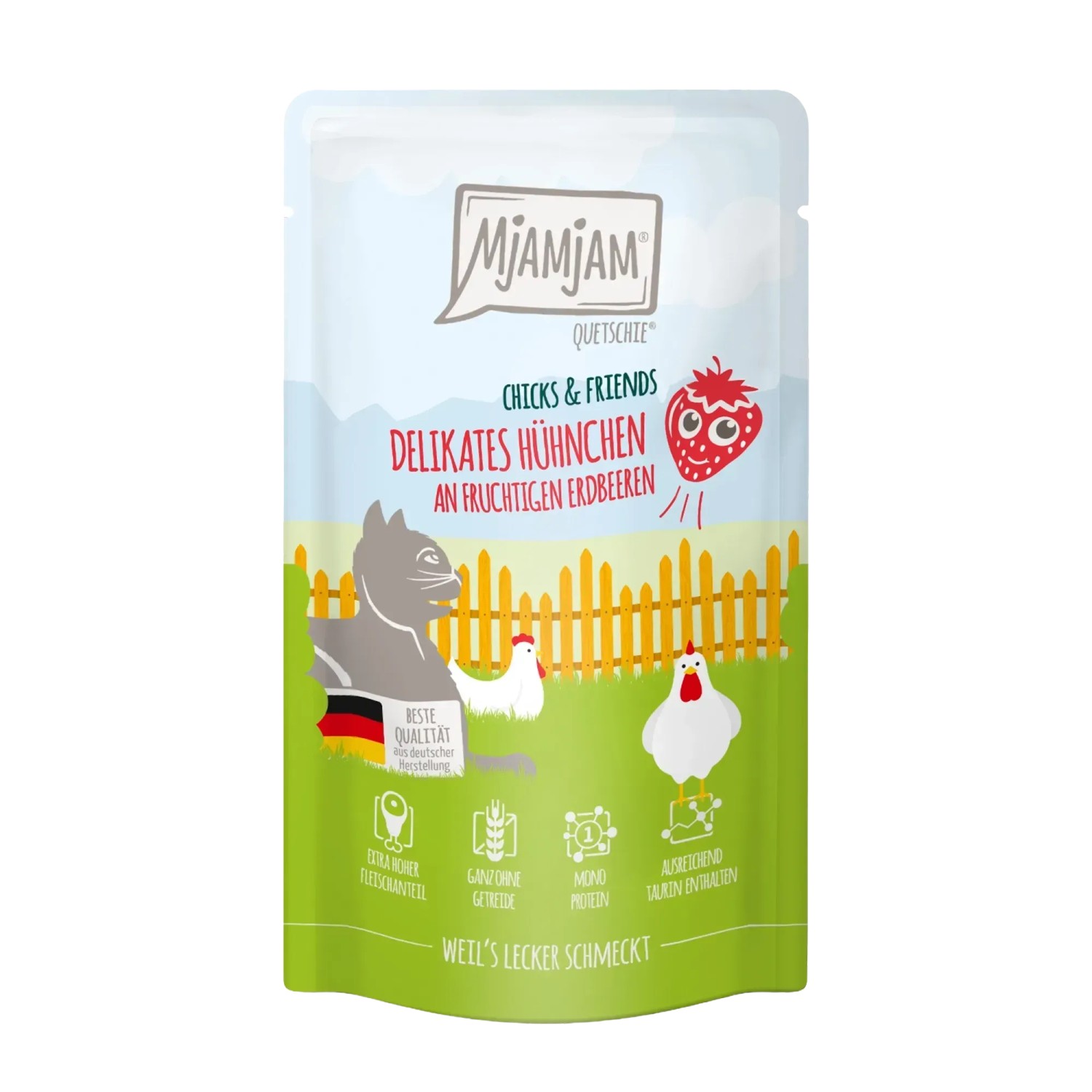 Mjamjam Quetschie Katzen-Nassfutter Huhn & Erdbeere, 125g Packung.