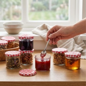 Relaxdays Einmachgläser Glas Stahl Transparent Rot Weiß Twist-Off Luftdicht 75er Set 220 ml 6,5 cm x 8,5 cm 0,18 kg