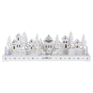 Beleuchtetes Holzhaus-Dorf aus Pappelholz mit Bäumen und Figuren. Weiße Weihnachtsdekoration.