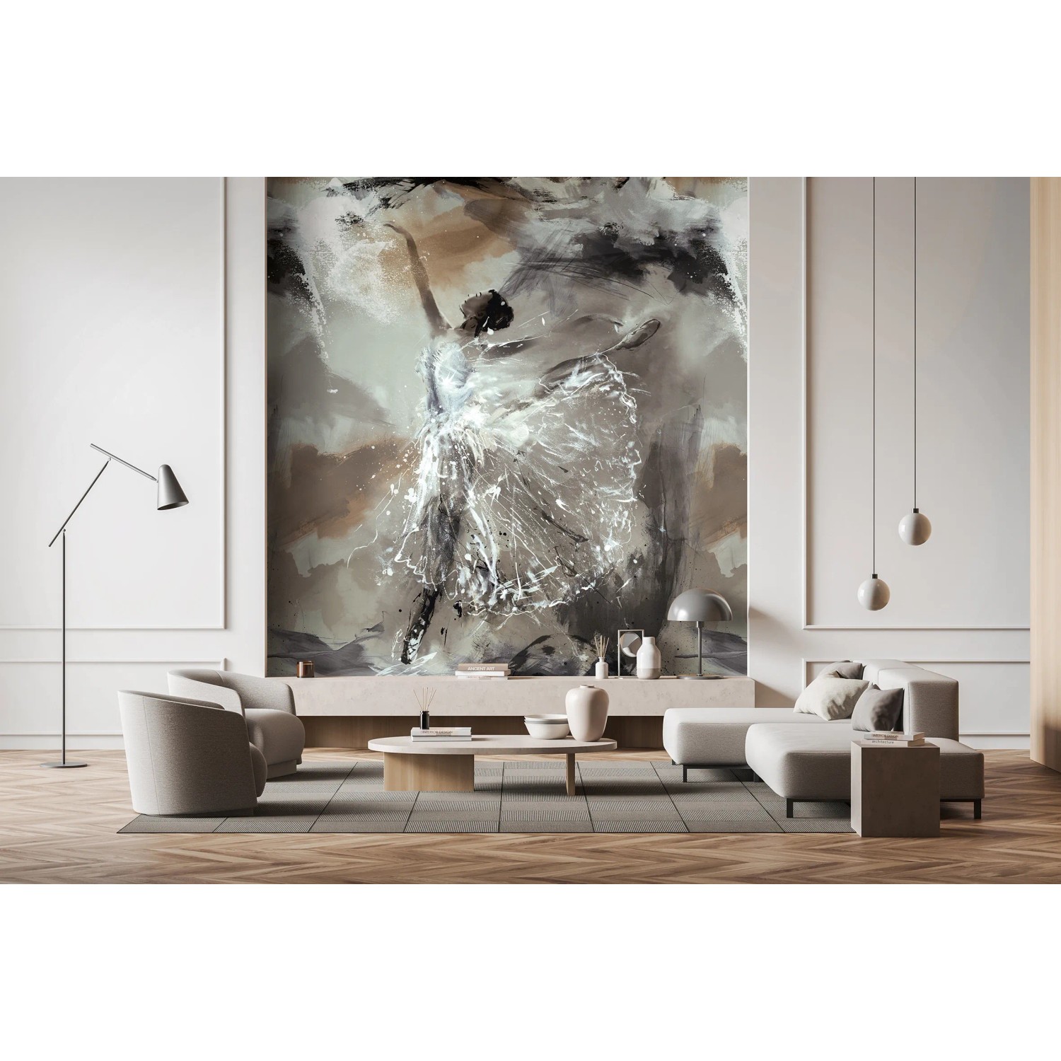 Moderne Fototapete: Graues, grafisches Ballerina-Motiv von Marburg, 270x212 cm.