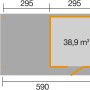 Grundriss WekaLine Flachdach Gartenhaus, 590x377 cm, mit Maßen und Anbau.