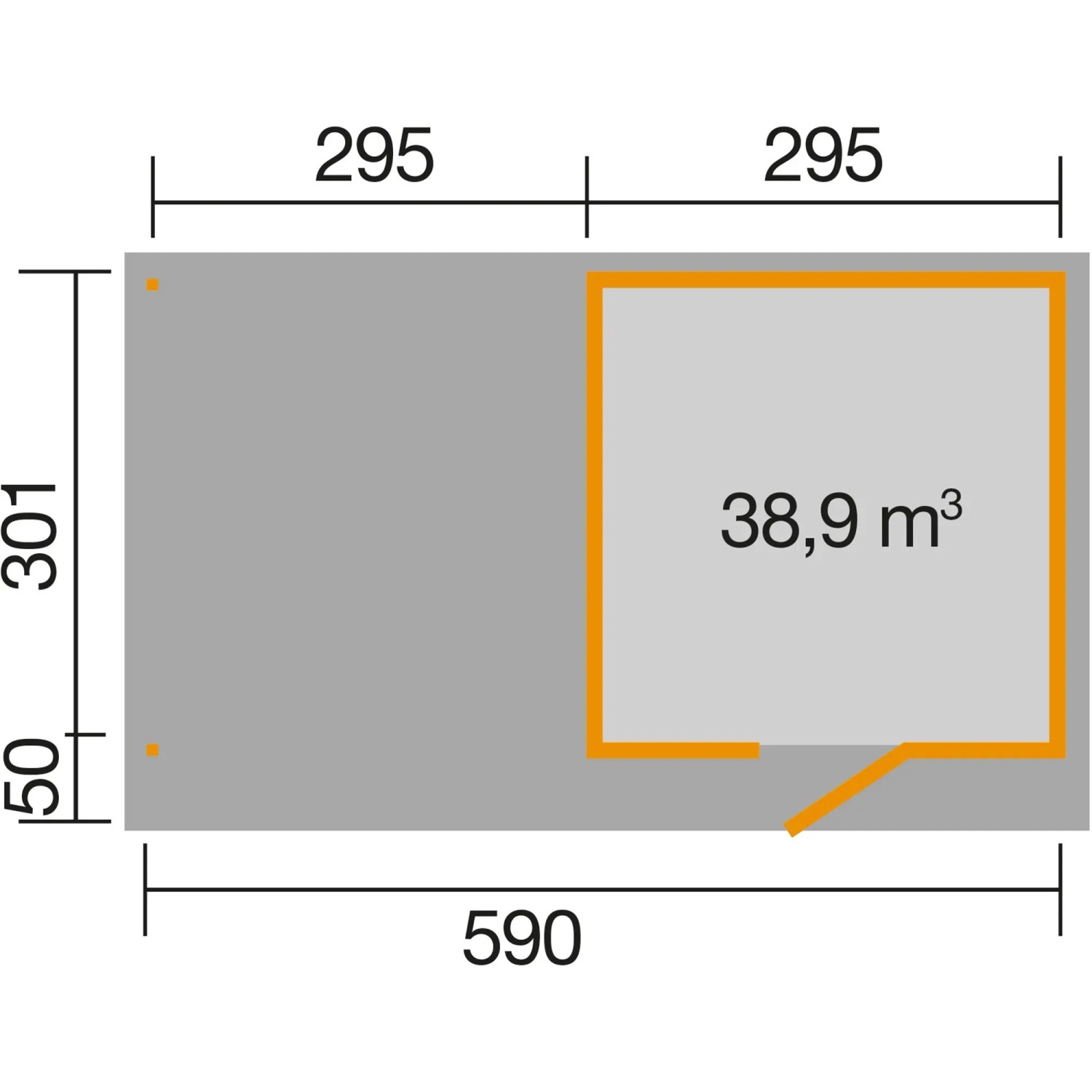 Grundriss WekaLine Flachdach Gartenhaus, 590x377 cm, mit Maßen und Anbau.