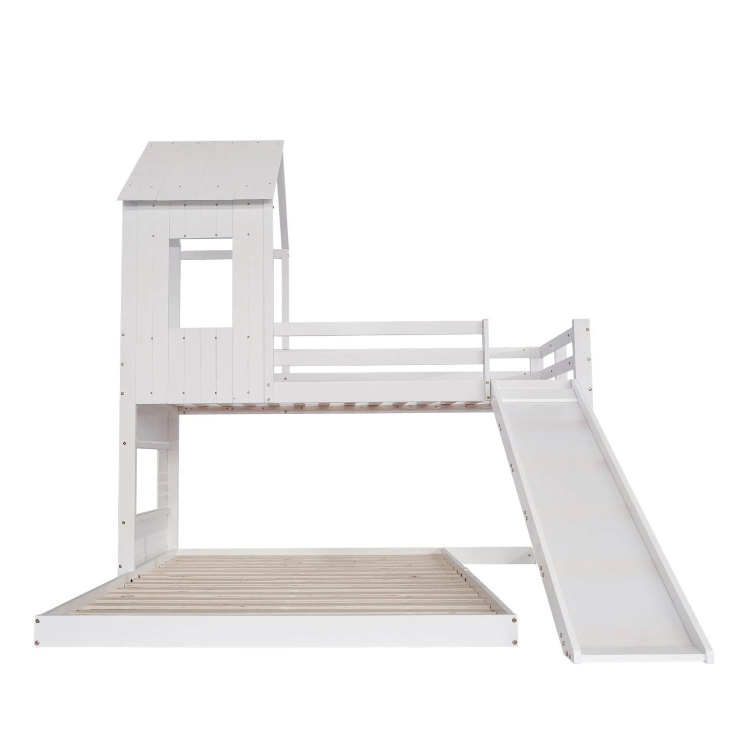 okwish Etagenbett 90×200 Kinderbett mit Rutsche Fallschutzgitter und Dach ohne Matratze