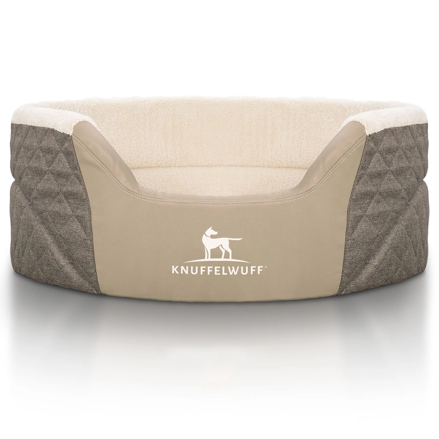 Knuffelwuff Hundebett Lena Orthopädisch Velours und Kunstleder M-L 70 x 50cm Braun/Beige