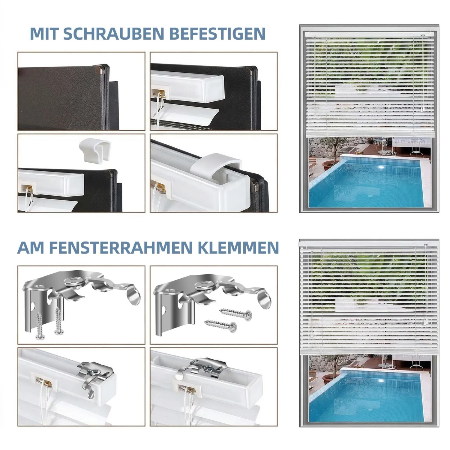 Sekey Aluminium Jalousie, 70x130 cm, weiß, mit Montageoptionen (Klemmen/Schrauben) für Fenster.