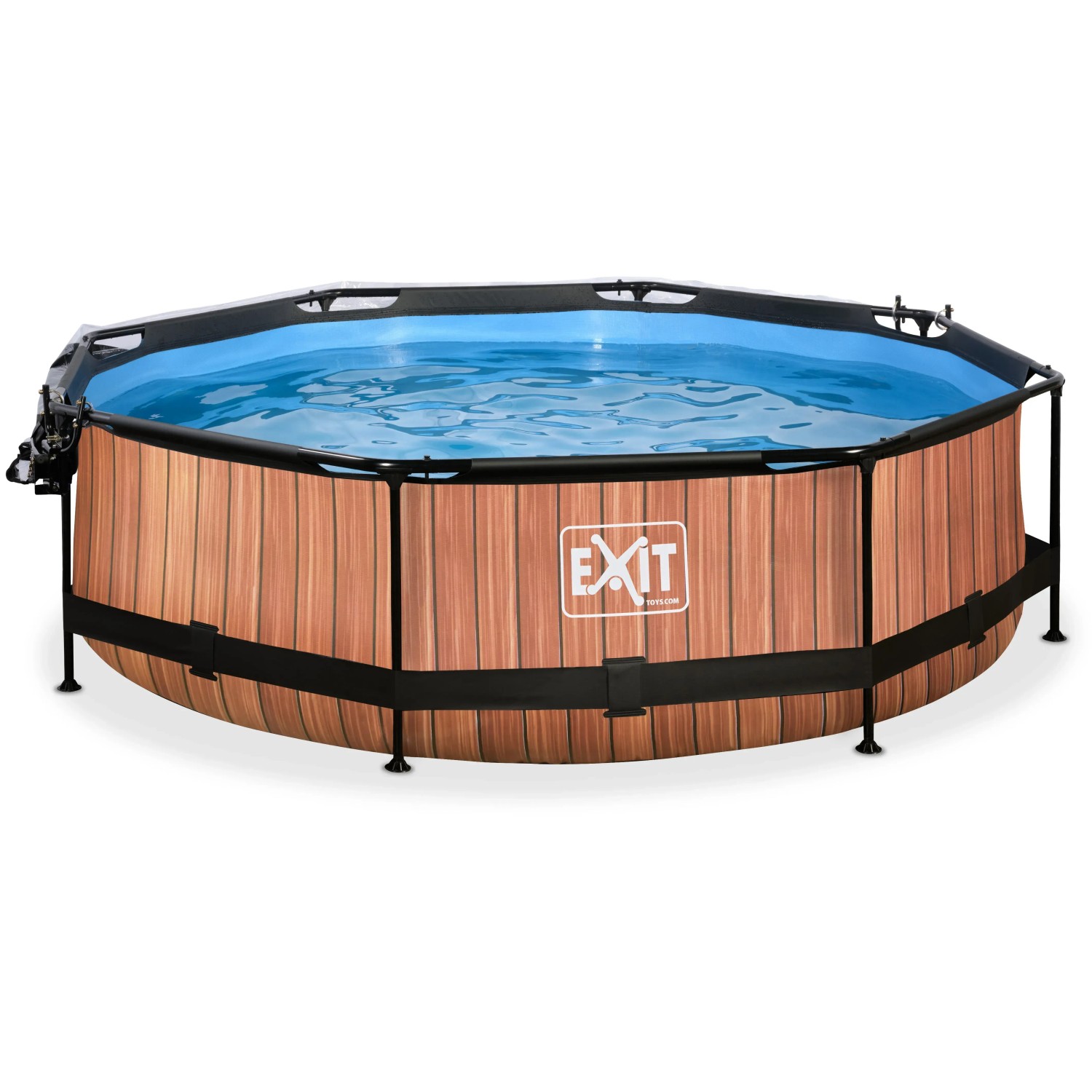 EXIT Wood Pool, brauner Stahlrahmenpool Ø300x76cm mit Filterpumpe und Abdeckung.