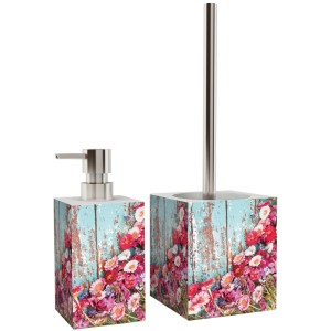 Sanilo Bad Set Spring: Seifenspender und WC-Bürste mit floralem Muster.