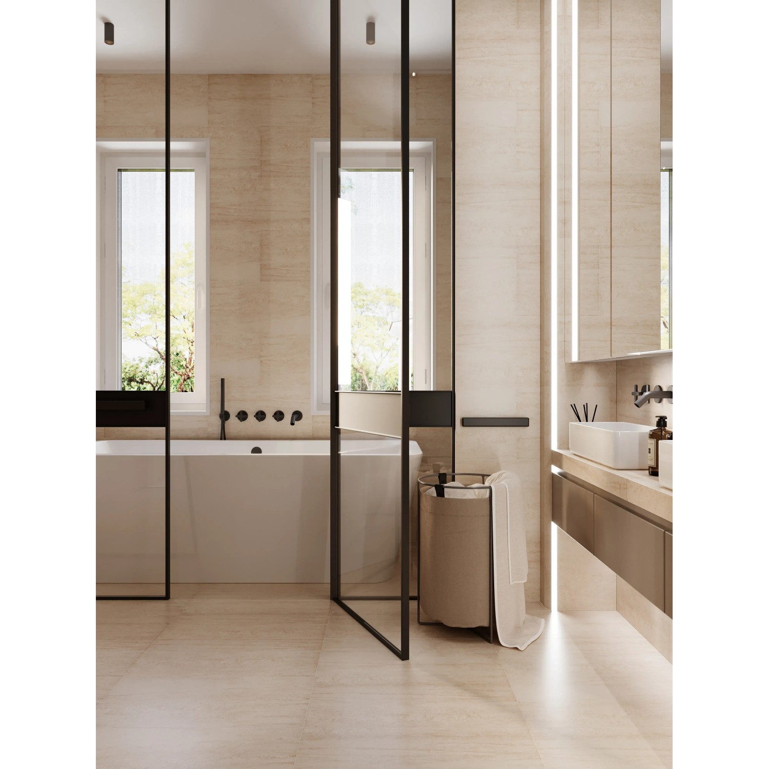 Beige, glänzend polierte Feinsteinzeug Bodenfliese 60x30 cm im modernen Bad.