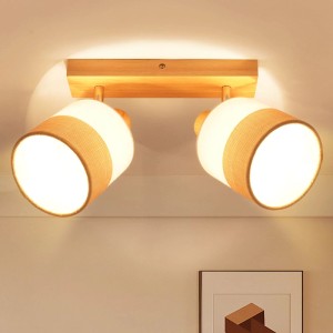 ZMH LED Deckenstrahler 2-flammig mit hellem Holzsockel und beigen Leinenschirmen. Schwenkbare Vintage-Deckenleuchte für Wohnzimmer.
