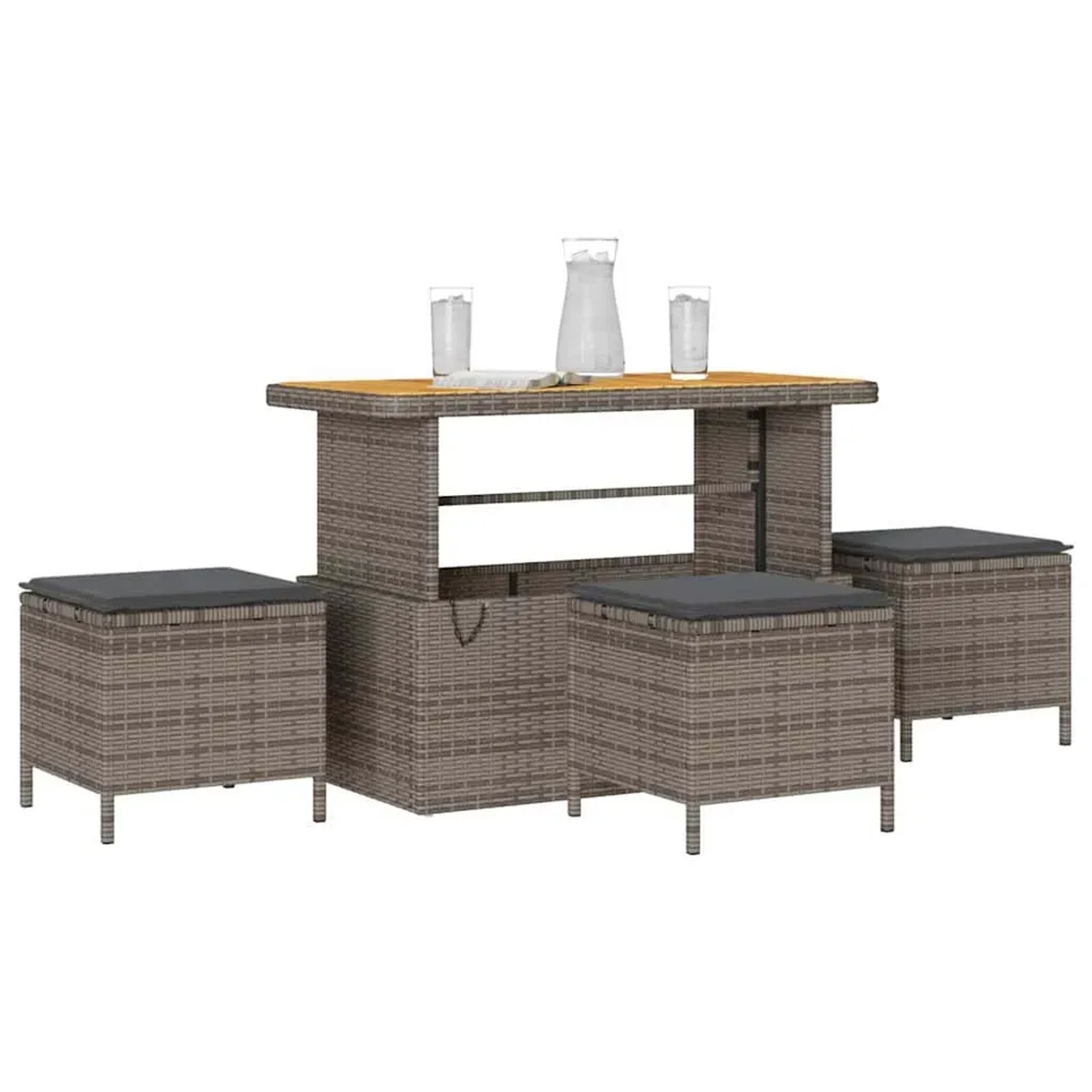 Graue 4-teilige vidaXL Garten Essgruppe aus Poly Rattan mit Tisch und Hockern.