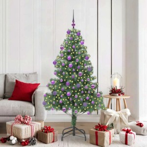 Grüner vidaXL Weihnachtsbaum, 180 cm, aus PVC, mit 300 warmweißen LEDs, lila Kugeln und Ständer.