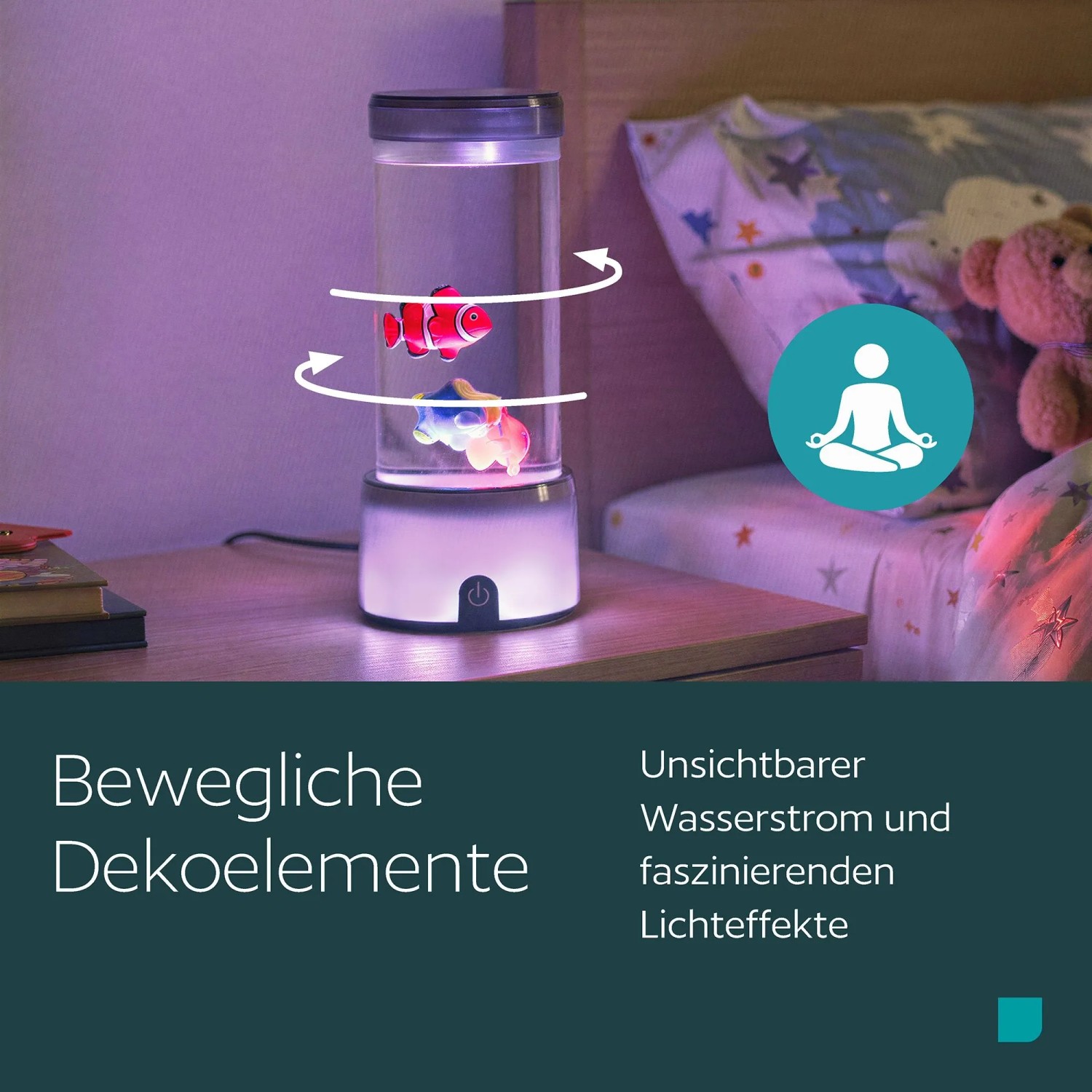 Eglo LED-Lavaleuchte Aqua, silber-transparent, mit schwebenden Fischen und RGB-Lichteffekten auf Nachttisch.