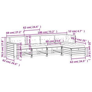 vidaXL 5-tlg. Garten Lounge Set aus Douglasie mit grauen Kissen, Maße eingezeichnet.