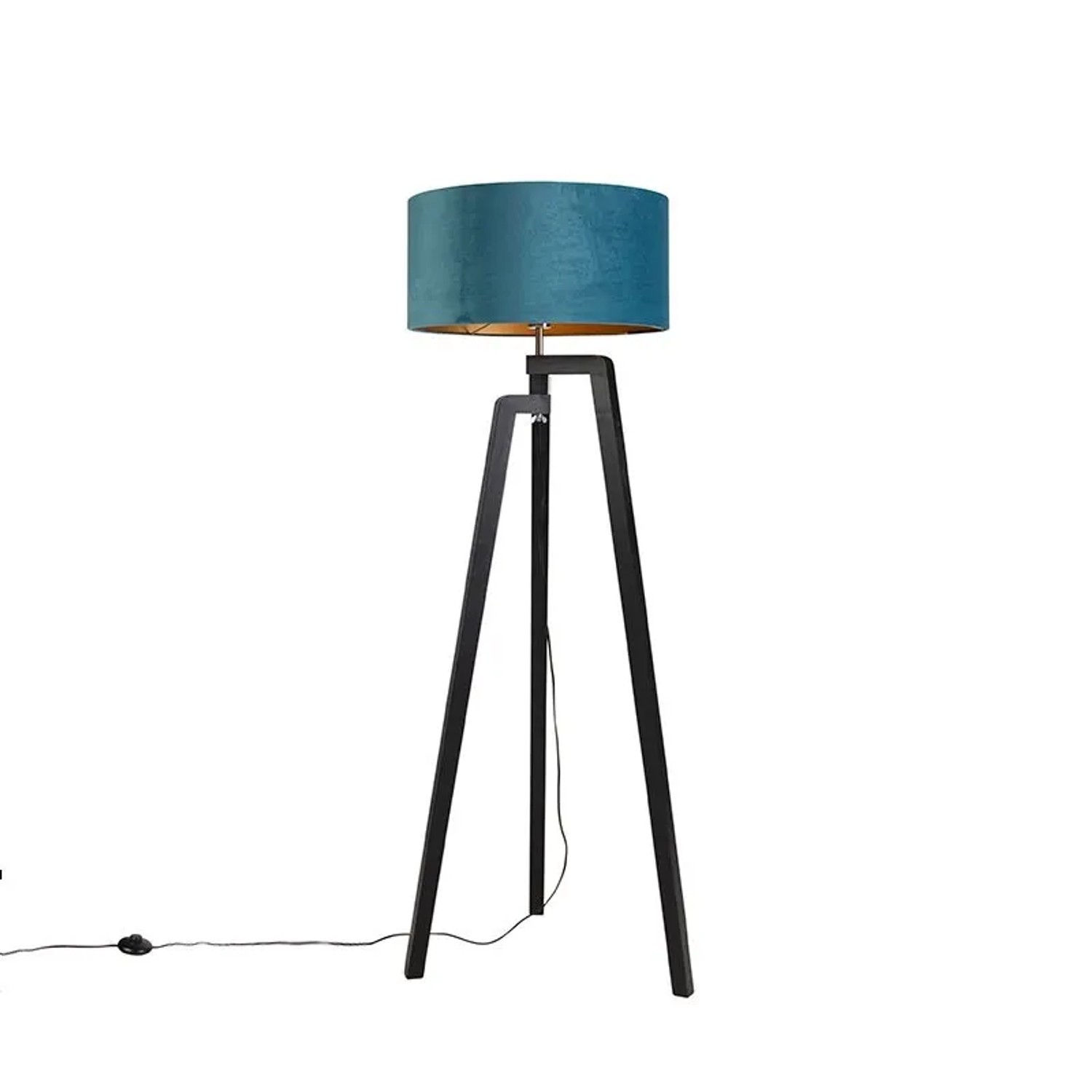 QAZQA Stehlampe Stativ Schwarz mit Blauem Schirm und Gold 50 cm Puros