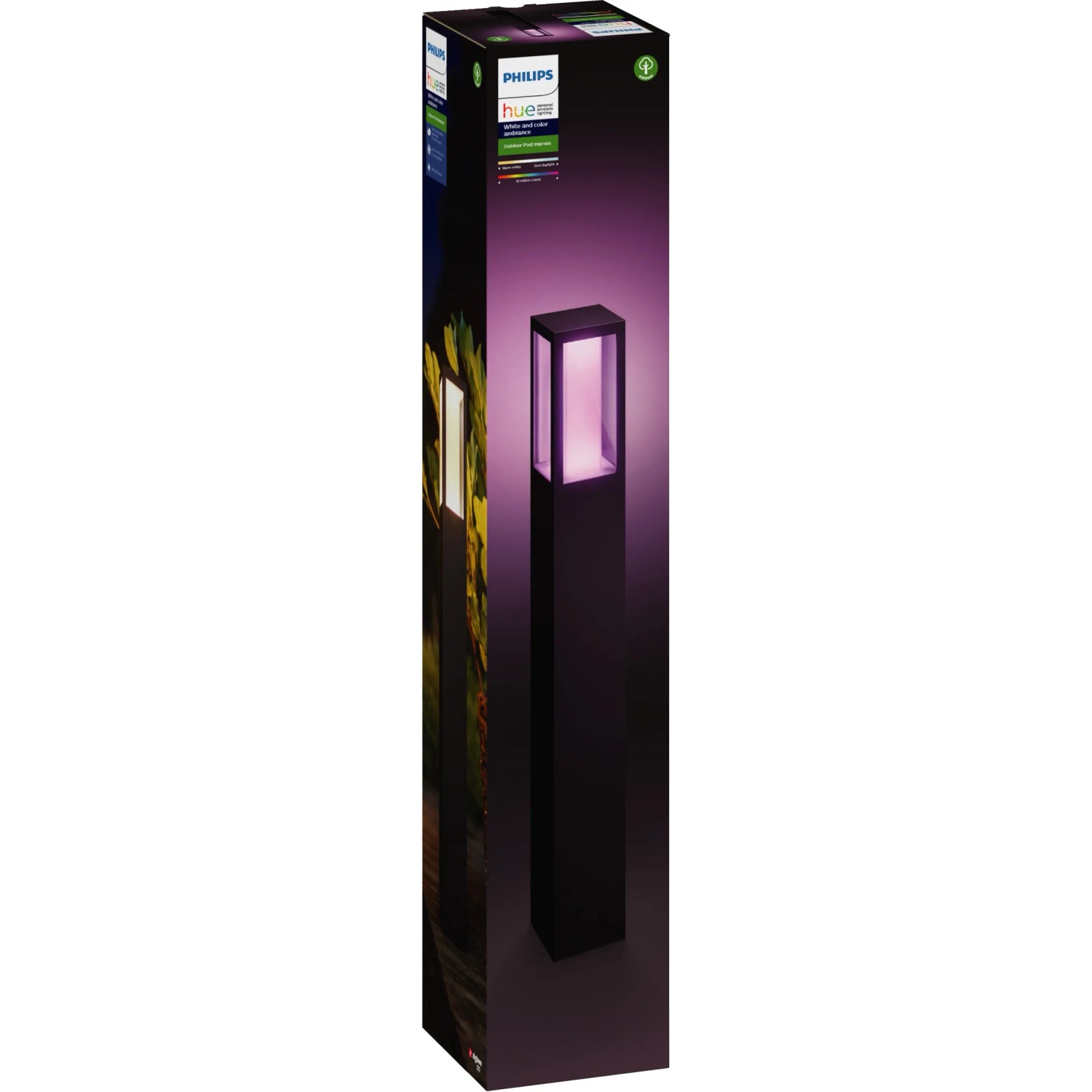 Verpackung der Philips Hue Impress LED Wegeleuchte, schwarzes Gehäuse mit farbigem Licht.