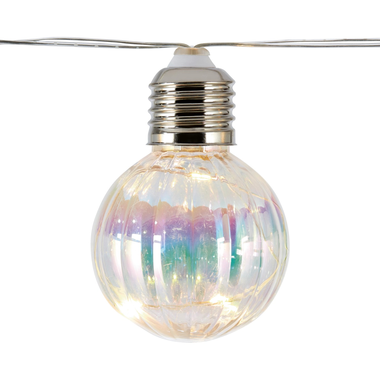 LED Solar-Lichterkette mit klarer Kugel (Ø 6 cm) und warmweißen Micro-LEDs.