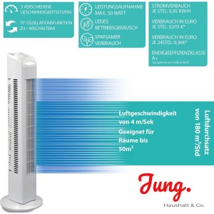 Weißer JUNG TVE21 Turmventilator, 76cm, 50W, 75° Oszillation, 3 Stufen. Leiser Standventilator für Räume bis 40m².