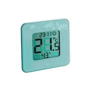Digitales Thermo-Hygrometer Style in Grau von TFA mit Anzeige von Temperatur und Luftfeuchtigkeit.