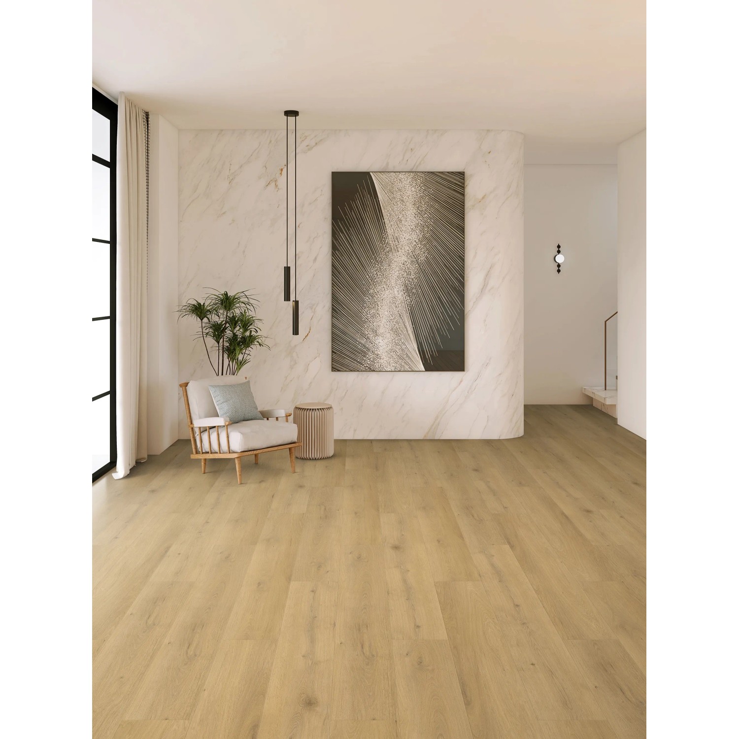 Verlegter Klick-Vinylboden Eiche Randers im Wohnraum mit Trittschalldämmung.