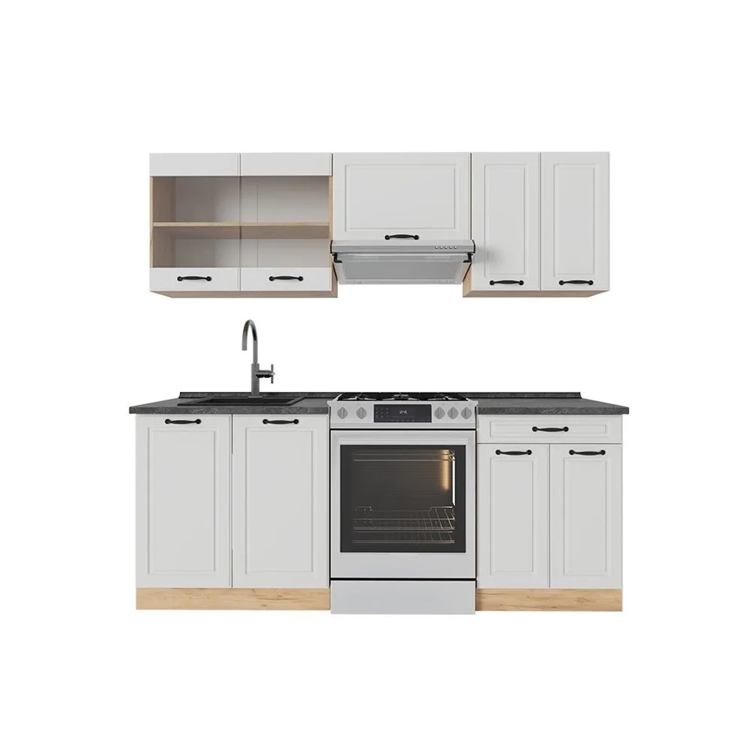 Vicco R-Line Küchenzeile Weiß Landhaus Goldkraft Eiche 200 cm AP Anthrazit ohne E-Geräte