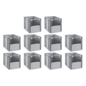 Sparset: 10 graue Euroboxen NextGen Insight, 30 Liter, mit offener Front. Aufbewahrungsboxen für Lager und Werkstatt.