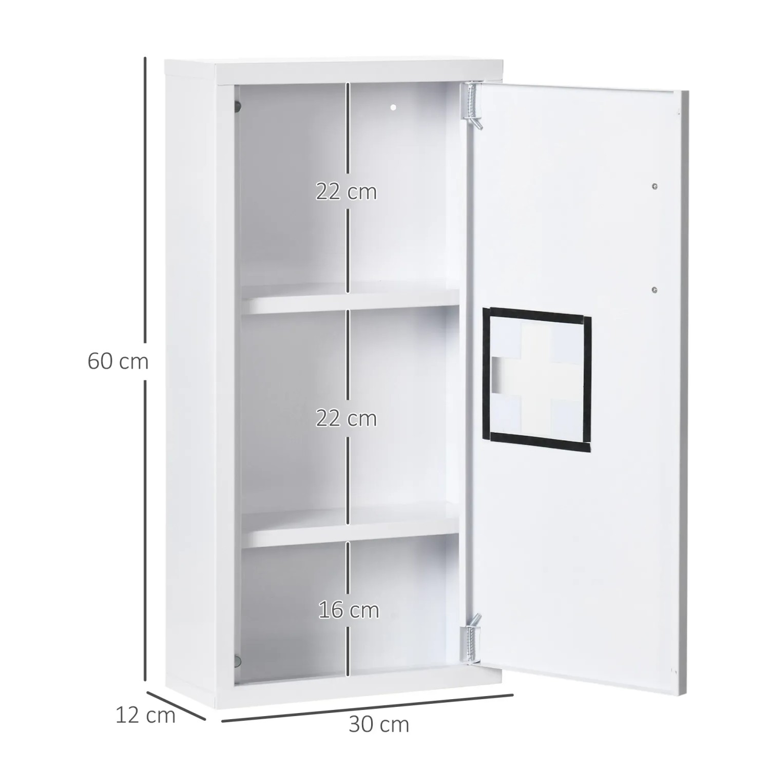 Offener, weißer Kleankin Medizinschrank mit 3 Fächern und Erste-Hilfe-Kreuz an der Tür.