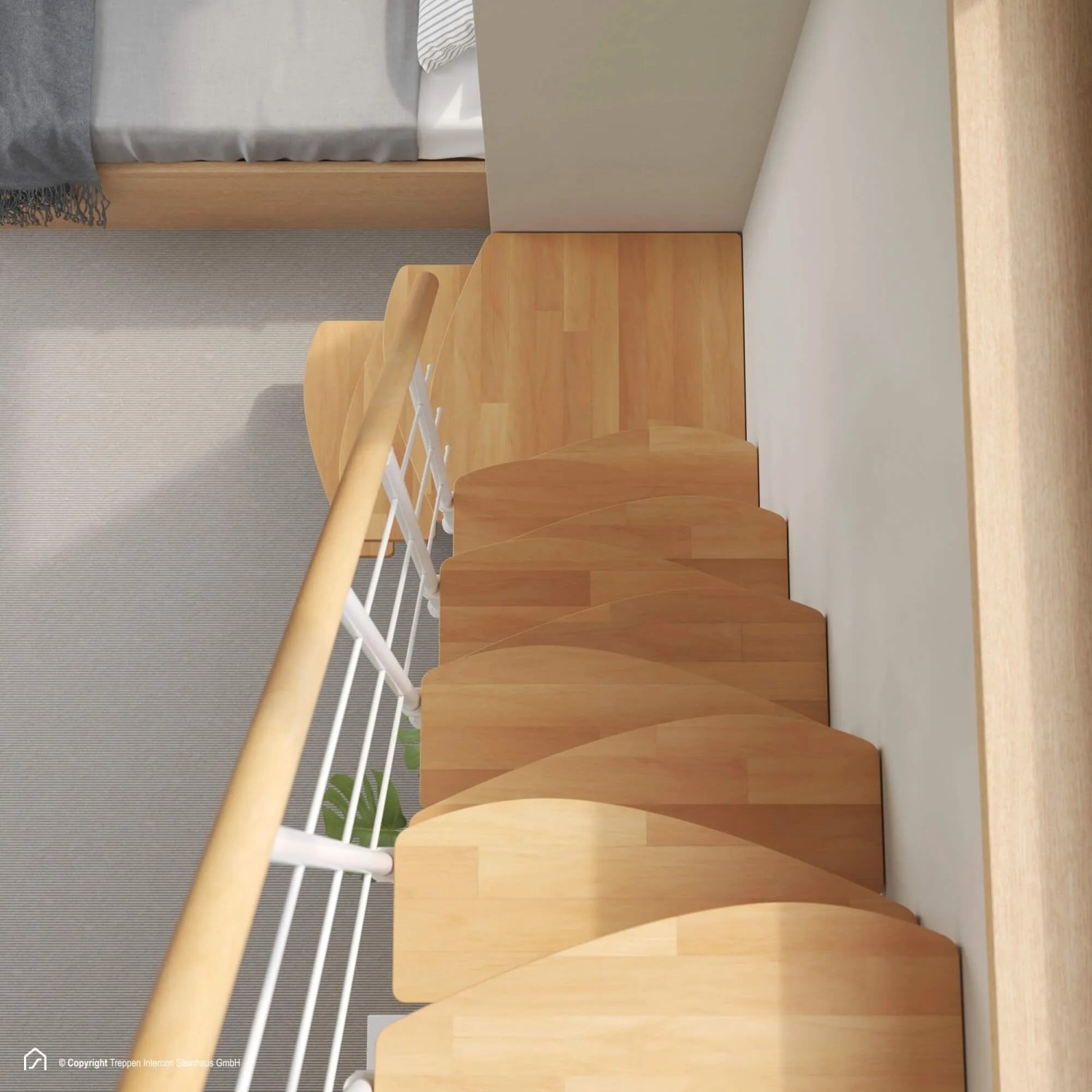 Intercon Raumspartreppe Quadro, Buche natur, Polar-Weiß. Mittelholmtreppe mit 12 Stufen und einseitigem Geländer.