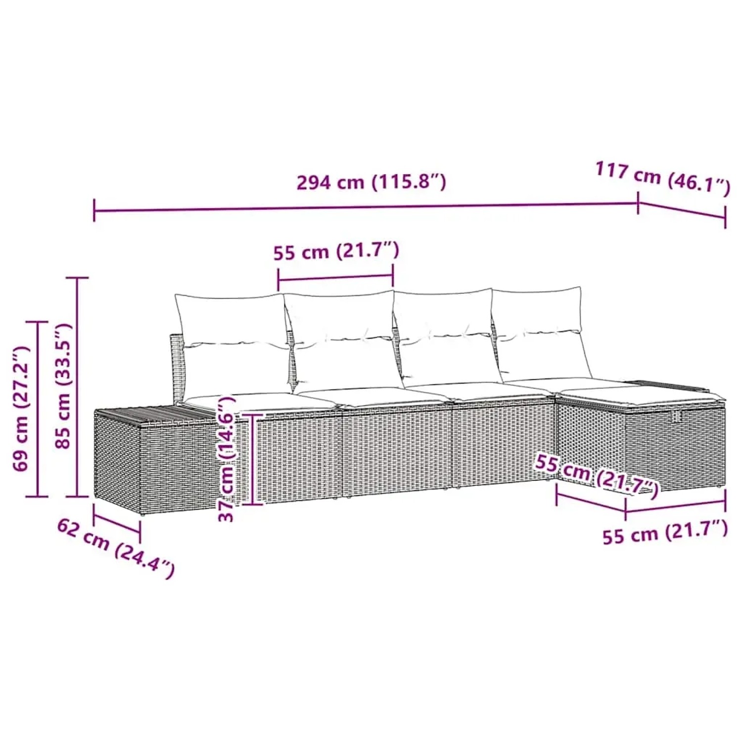 vidaXL Garten-Sofa-Set 5-tlg grau Poly Rattan, Maße: 239x117x85cm, mit Kissen. Detailansicht mit Maßangaben.