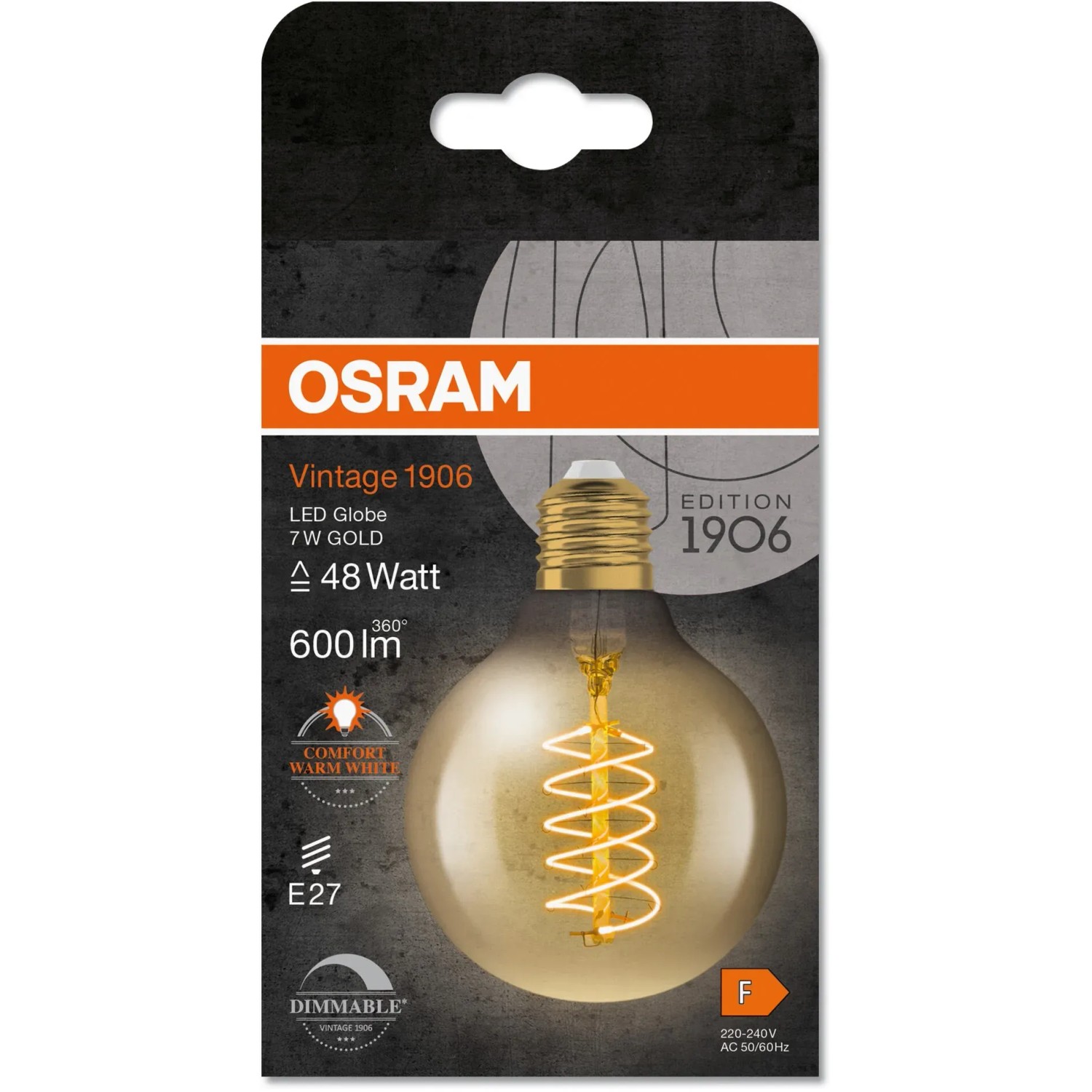 Osram E27 LED Leuchtmittel in Globeform, 7W, goldgetönt, dimmbar für stimmungsvolles Licht.