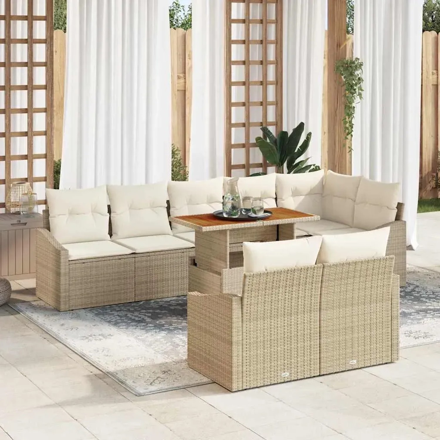 Beiges 9-teiliges vidaXL Garten-Sofa-Set mit Stauraum aus Poly Rattan.