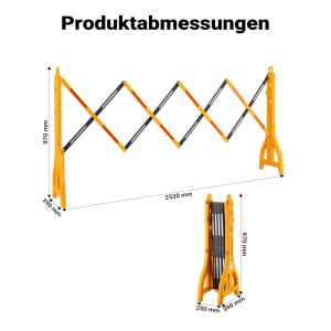 Gelbes, ausziehbares Wiltec Scherengitter aus Kunststoff, mit reflektierenden Streifen, ausgezogen und kompakt gefaltet. Maße für Absperrung.
