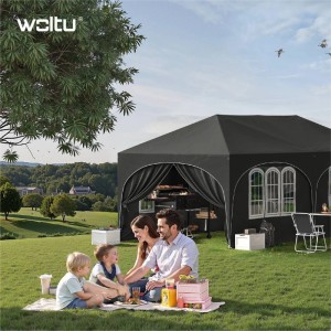 Grauer WOLTU Pavillon 3x6m mit Seitenwänden auf grüner Wiese, Familie picknickt davor. Ideal als Sonnenschutz.
