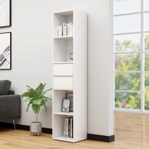 Weißes vidaXL Bücherregal aus Holzwerkstoff mit 4 offenen Fächern und 2 Schubladen, modern im Wohnzimmer.