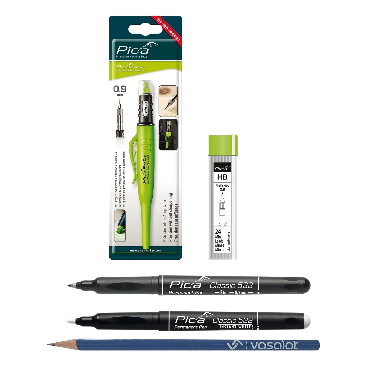 vasalat Set Pica Fine Dry 0.9 Marker-Set mit Graphitminen HB Marker Schwarz & Weiß