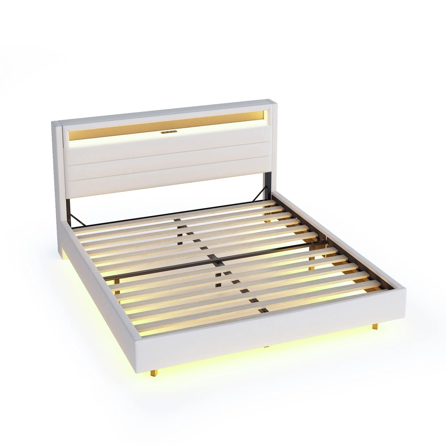okwish Polsterbett 140x200cm mit USB LED Wendbarem Kopfteil Beige ohne Matratze