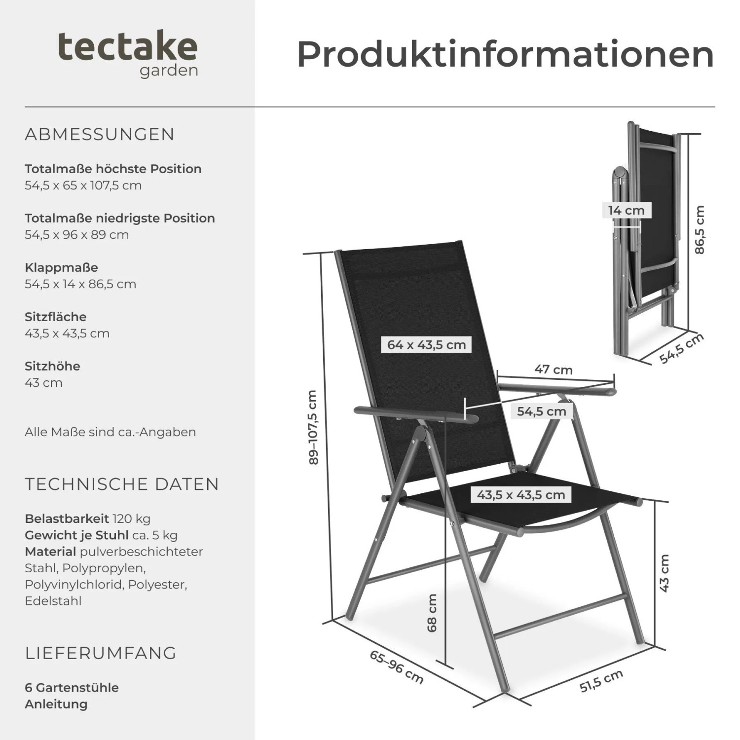 Tectake Gartenstuhl Marcellino Klappbar Wetterfest und Uv Beständig 6Er Set 65 x 54 5 x 107 5 cm Anthrazit_6
