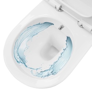 Weißes, spülrandloses Hänge-WC mit Bidet-Funktion und Softclose-Sitz. Wasser spült.