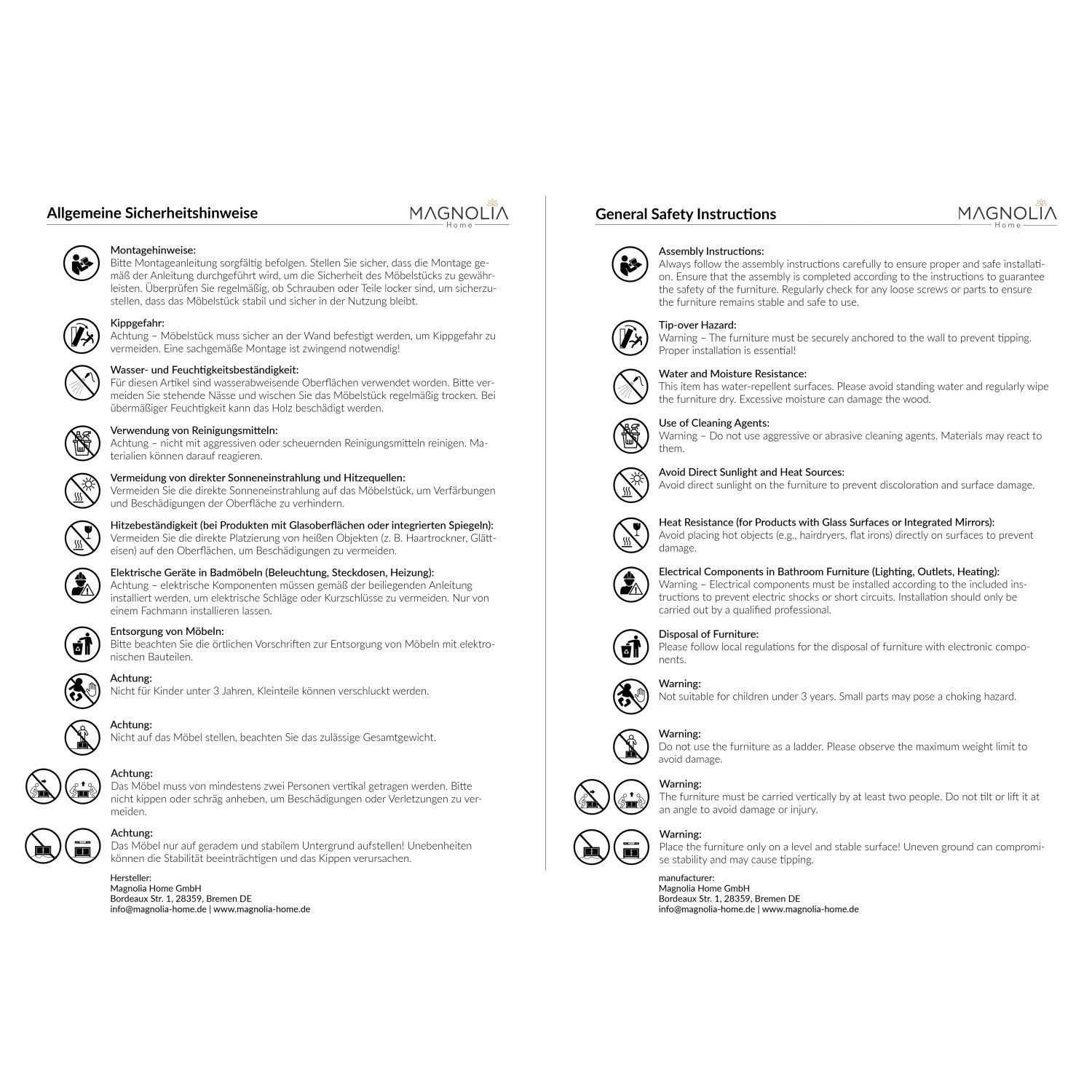 Hinweisblatt zu Sicherheitsvorkehrungen und Montage des Spiegelschranks.