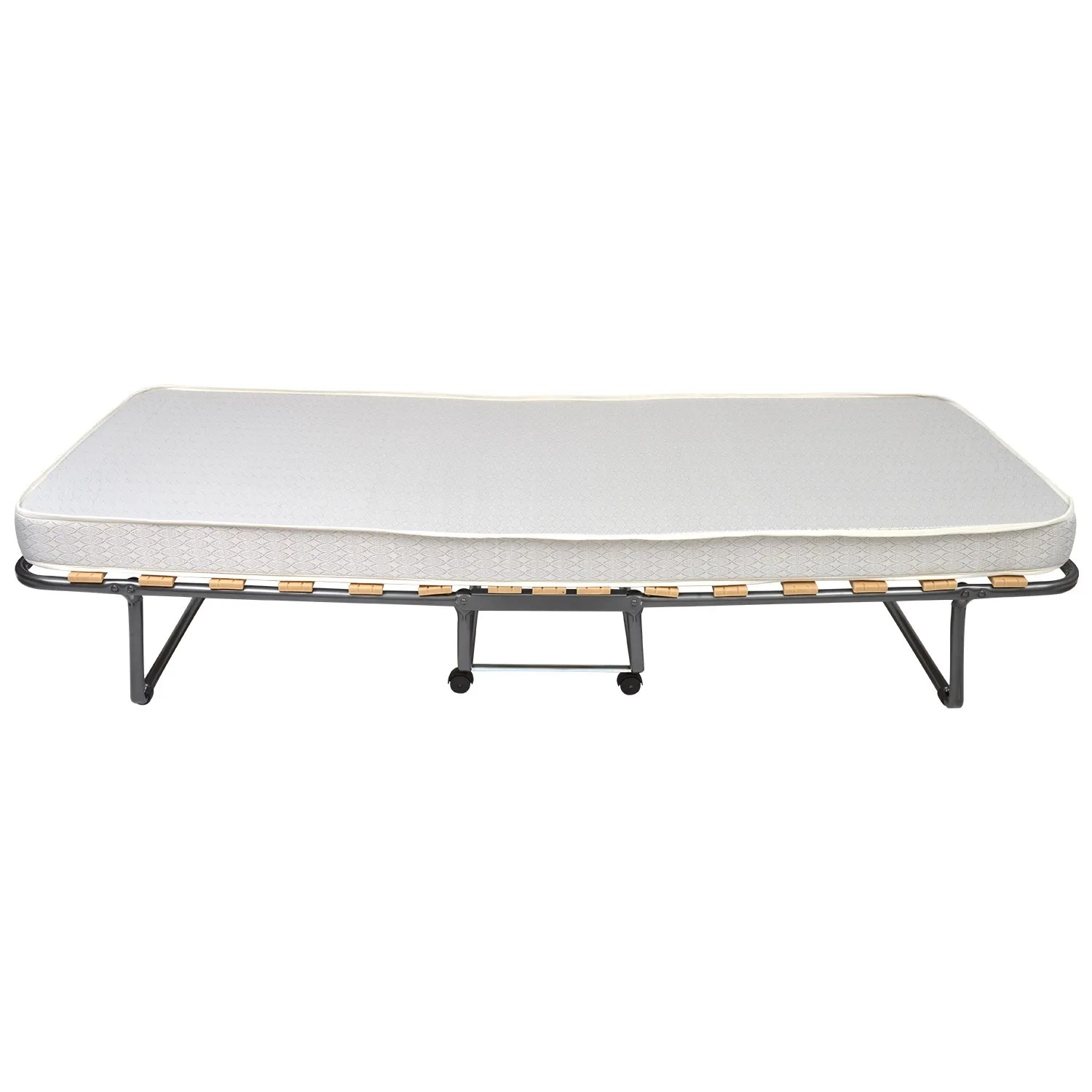 Veraflex Colonia Gästebett 90x200 cm, zusammengeklappt mit Matratze auf Rollen.