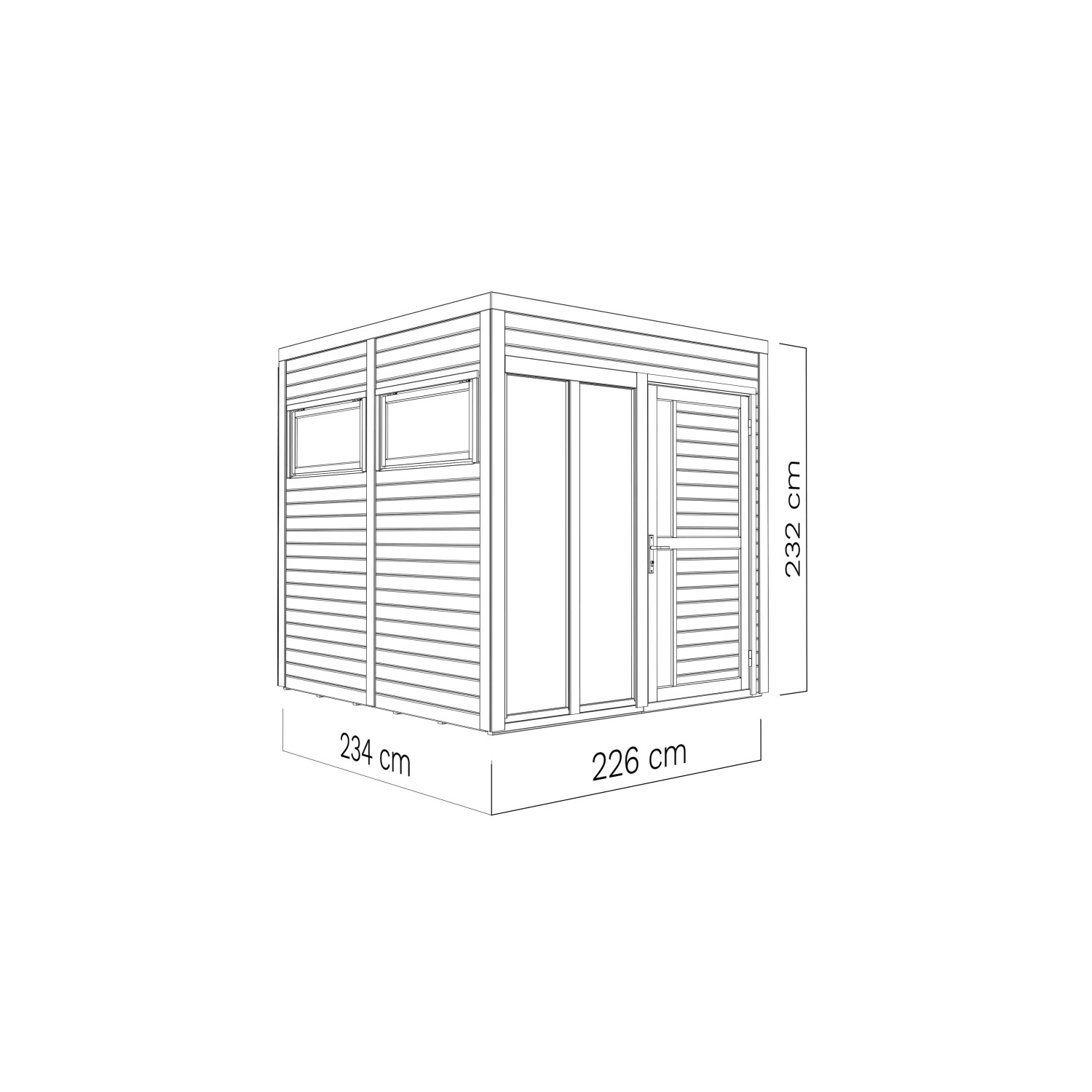 Skizze des anthrazitfarbenen Bertilo Holz-Gartenhauses Cubus 2 Office (226x234 cm) mit Maßangaben.